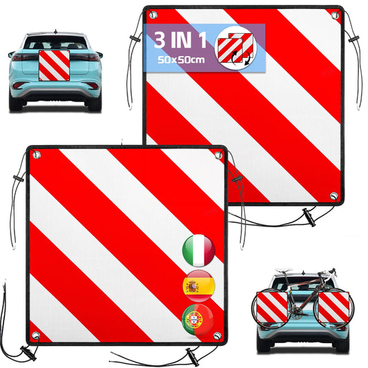 Sorplv 2 pieces of aluminum warning signs for Italy, Spain, Portugal. 3 in 1 Reflective warning sign 50x50CM with tension ropes & corner protectors. Certified for bike racks, rear racks, trailers, and motorhomes.