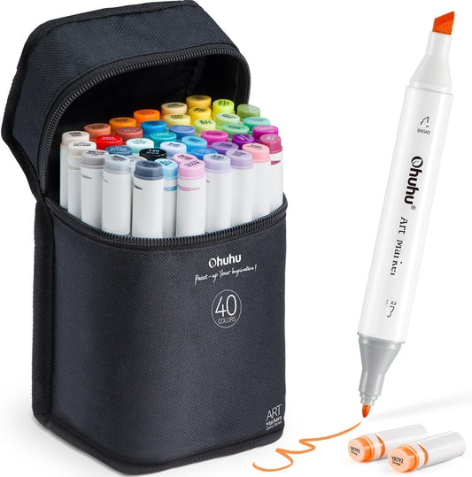 Ohuhu marker pen set, 40 colors, permanent markers with chisel and fine dual tips for art sketching. Comes with carrying case for painting and coloring.
