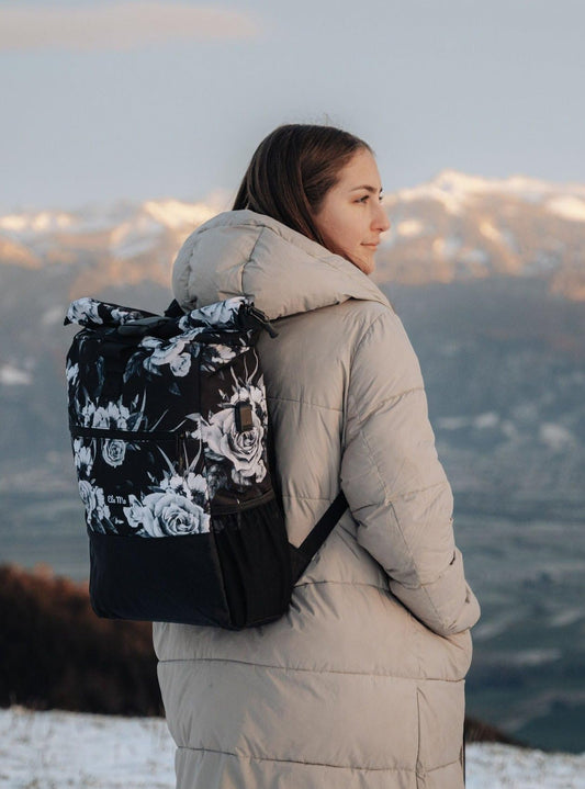 Ela Mo Women's Backpack - Rolltop design with laptop compartment - Anti-theft bag for school, college, business (Nightrose)