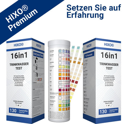 130x 16in1 drinking water test strips in tube | Water analysis for 16 parameters | Ideal water test strips for drinking water, pool, spa & aquarium | Tests water hardness, lead, copper, iron, and more.