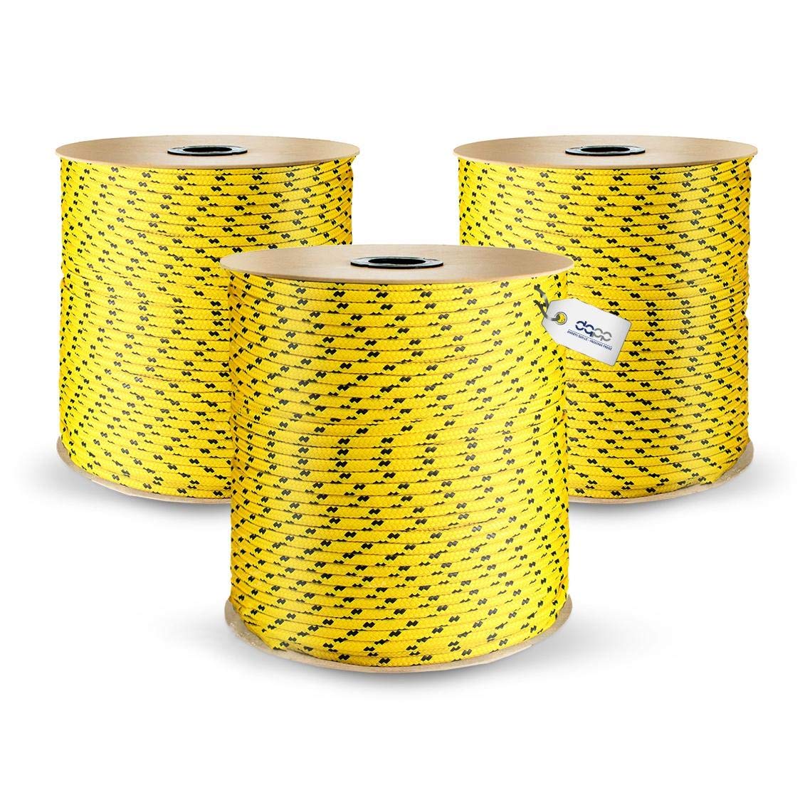 100m yellow 8mm polypropylene rope with a load capacity of up to 750kg. Braided textile cord made of plastic for various uses.