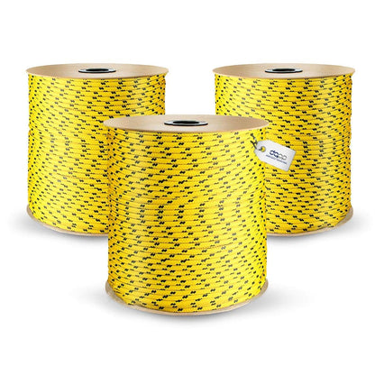 100m yellow 8mm polypropylene rope with a load capacity of up to 750kg. Braided textile cord made of plastic for various uses.