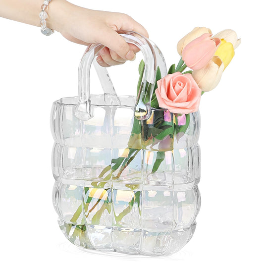 DBREAKS Vase Glass Handbag, Colorful Flower Vase, Bag Glass Vases, Handmade Vase, Creative Bubble Handbag Flower Vase, Decorative Glass Handbag Vase, Desktop Glass Basket Vase for Flowers