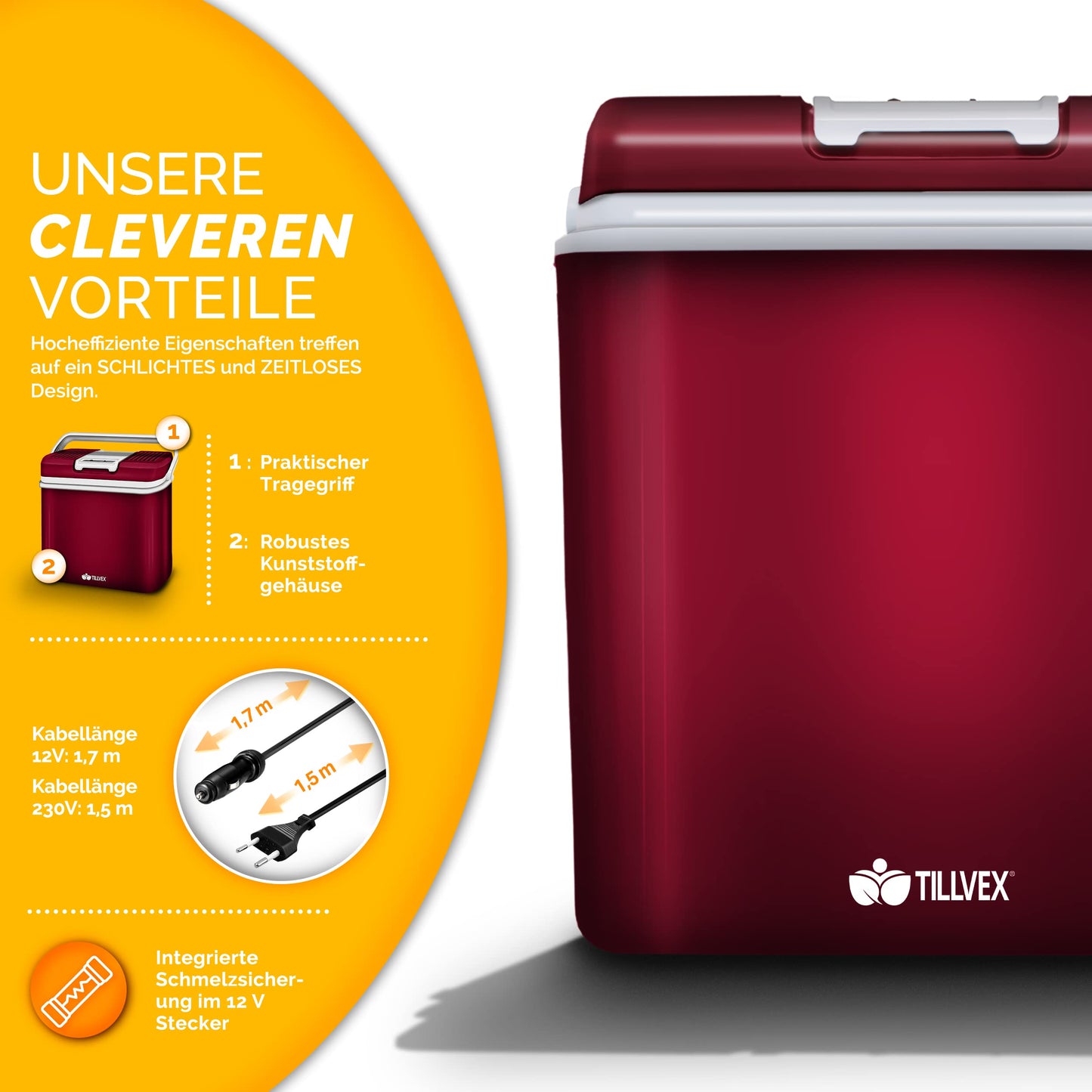 tillvex 24L Electric Cooler Box | Mini Fridge 230V and 12V for Car Camping | cools & warms | ECO Mode (Red)