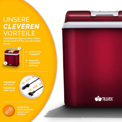 tillvex 24L Electric Cooler Box | Mini Fridge 230V and 12V for Car Camping | cools & warms | ECO Mode (Red)
