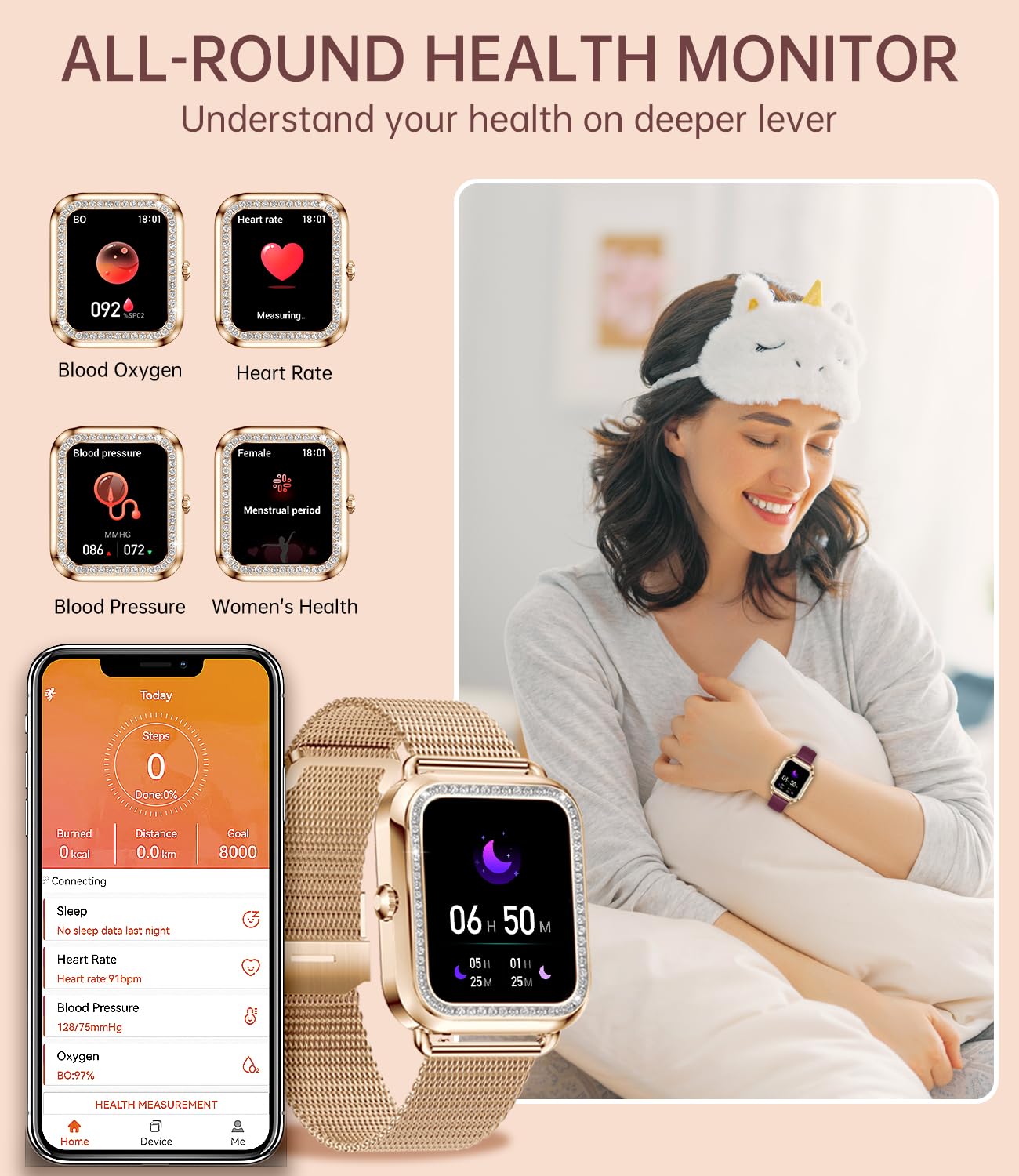 Erkwei smartwatch for women with phone function and voice assistant, 1.59'' HD display fitness tracker heart rate monitor sleep monitor message reminder small watch for iOS Android.