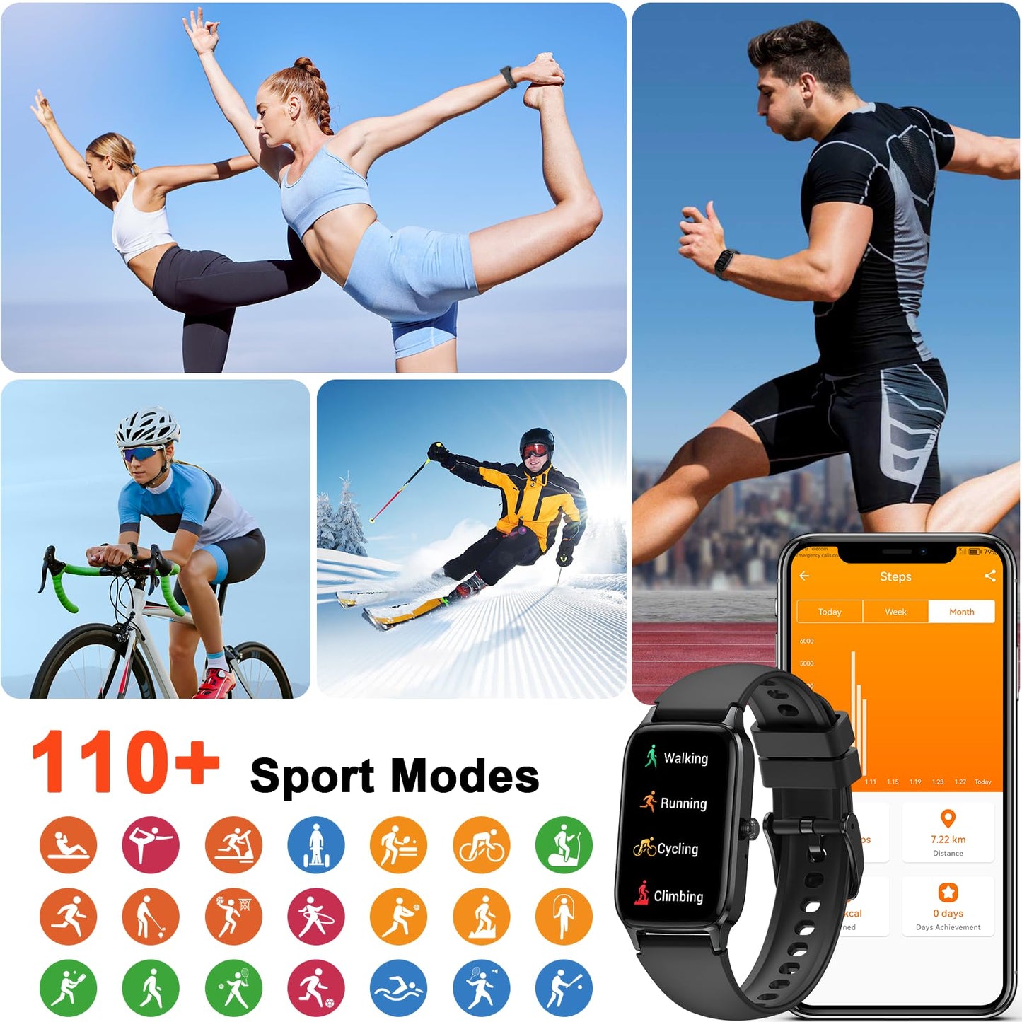 Men's Women's Smartwatch, 1.57" HD Fitness Watch with Phone Function, Waterproof Smart Watch 110+ Sport Modes, Fitness Tracker with Heart Rate Sleep Monitor Pedometer, Sports Watch for Android iOS