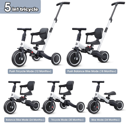 newyoo 5 in 1 balance bike tricycle, suitable for 1 year olds with push handle, for kids aged 1-3 years, bike for children up to 25kg including removable pedals and adjustable seat, white