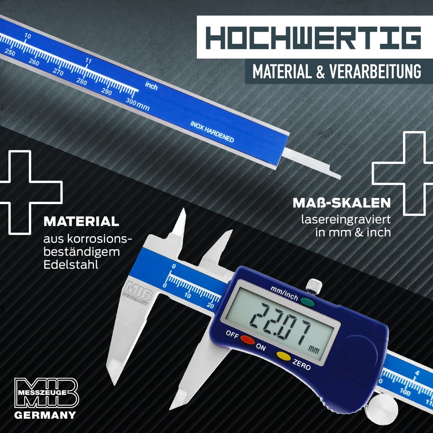 MIB Digital Caliper with Wheel DIN 862 300mm | Tool for precise measurements | Digital caliper made of stainless steel | Digital sliding caliper with large LCD display | 4-way measurement