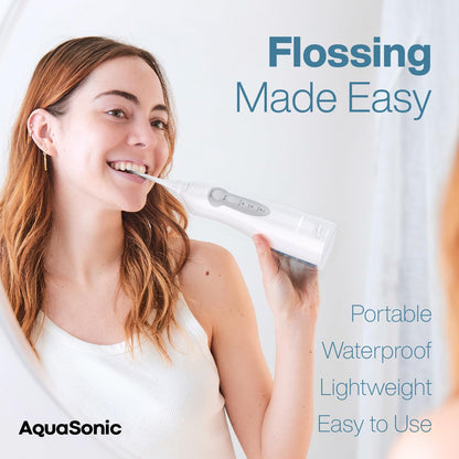 Aquasonic Aqua Flosser - Professional Rechargeable Water Flosser with 4 Tips - Oral Irrigator with 3 Modes - Portable & Cordless Flosser (White)
