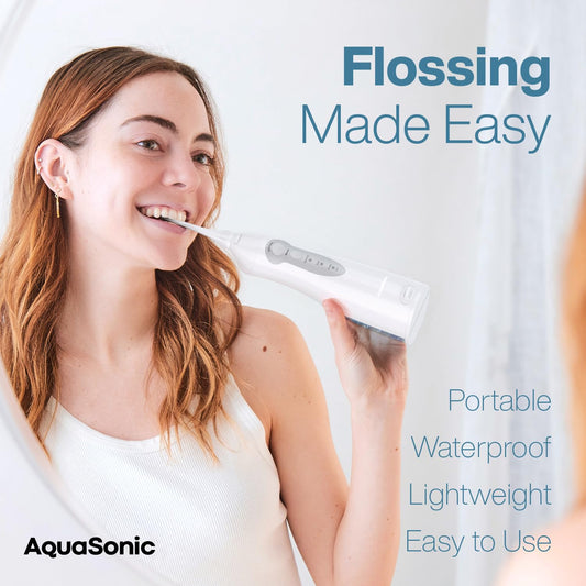 Aquasonic Aqua Flosser - Professional Rechargeable Water Flosser with 4 Tips - Oral Irrigator with 3 Modes - Portable & Cordless Flosser (White)