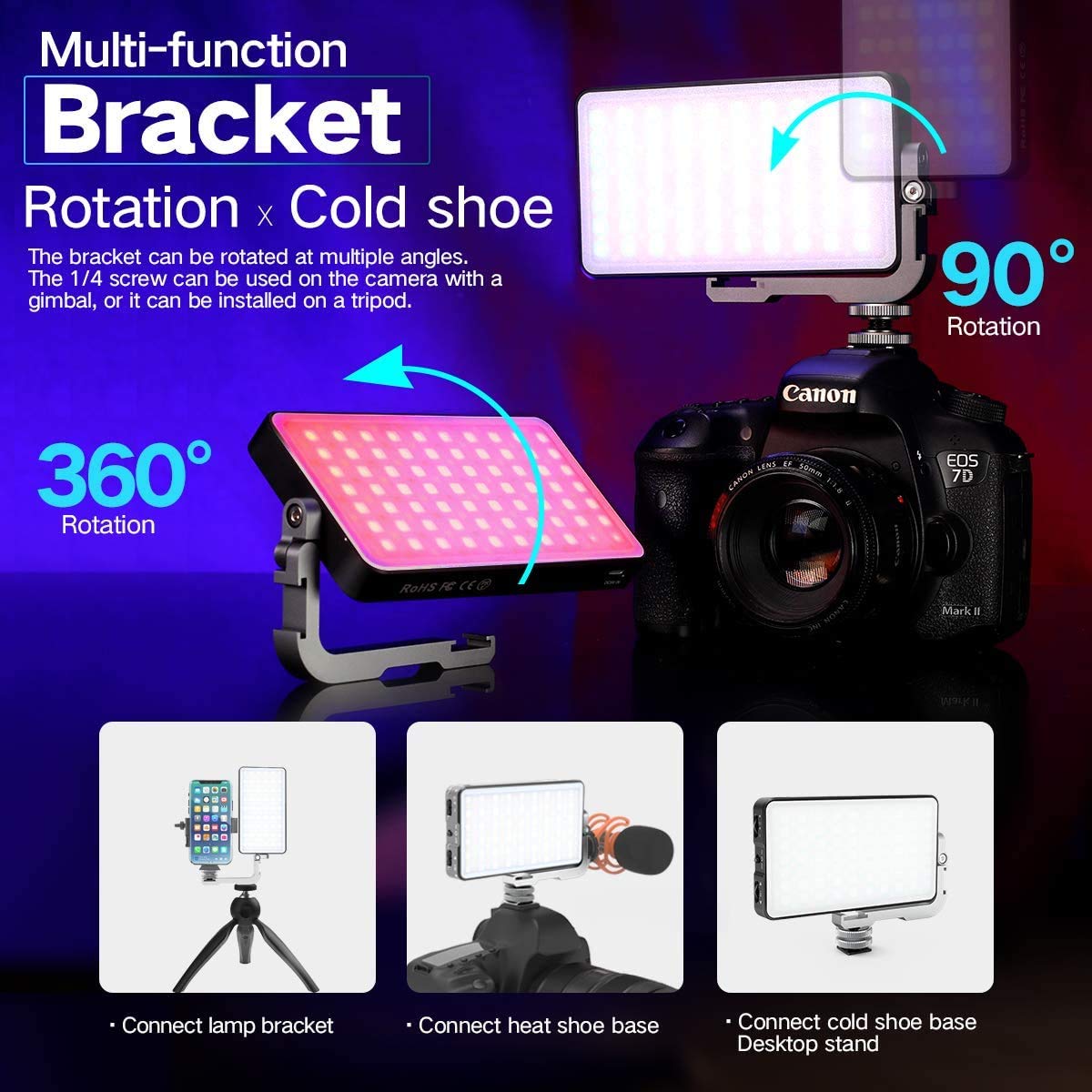 IVISII G2 RGB portable camera light, built-in 4300 mAh lithium battery, video conference lighting, 2600-10000 K, 12W full-color LED light panel for photography, studio, wedding shots