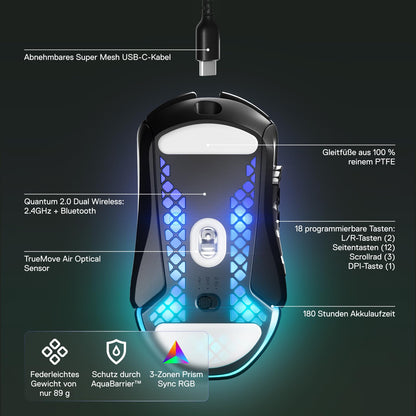 SteelSeries Aerox 9 Wireless - RGB gaming mouse with surface cutouts - Lightweight, water-resistant design - 18 buttons - Bluetooth/2.4GHz - Optical TrueMove Air Sensor with 18,000 DPI