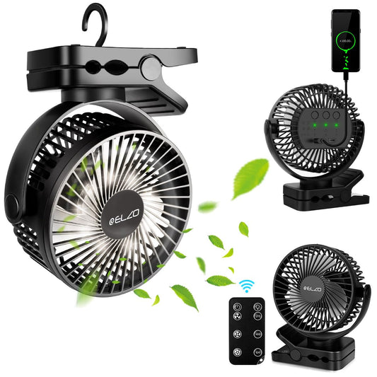 ELZO 12000mAh Camping Fan, Rechargeable Desk Fan USB Mini Fan with LED Light & Hook, 360° Rotation Quiet with Remote Control
