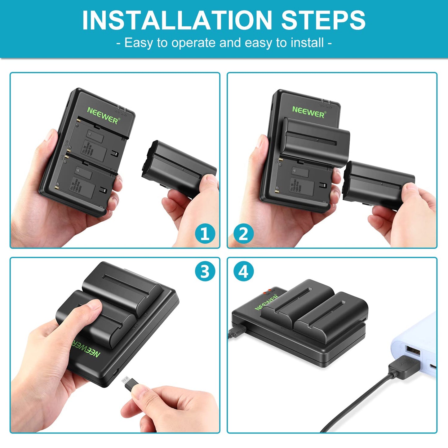 NEEWER NP F550 battery charger set, compatible with Sony NP F970 F750 F770 F960 F550 F530 F330 F570 CCD SC55 TR516 TR716 TR818 TR910 TR917 NEEWER LED light/monitor/camera slider (2-pack, black).