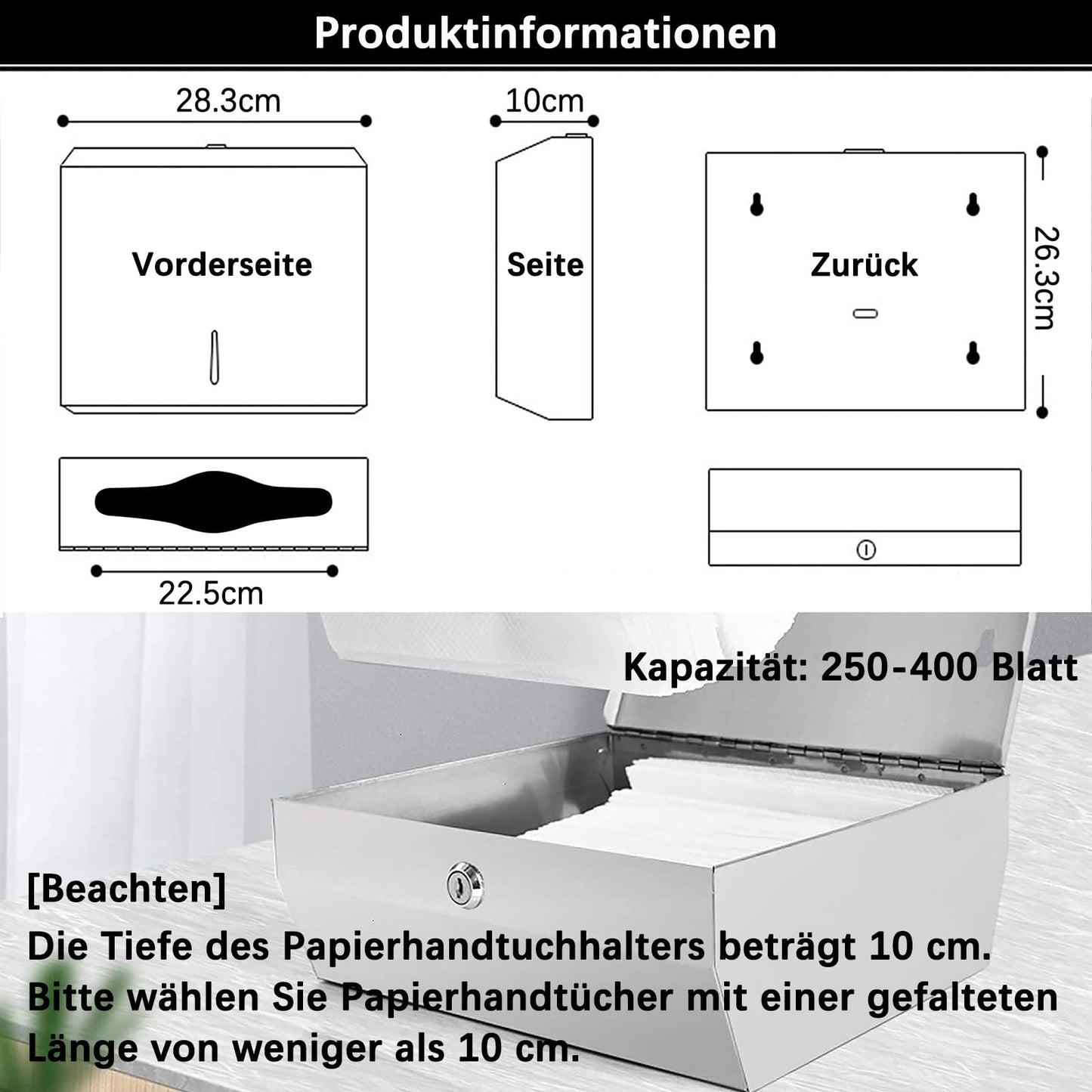 NiceMe paper towel dispenser, stainless steel towel dispenser lockable, wall-mounted tissue dispenser, suitable for Z-fold paper towels, accommodates 250-400 sheets.