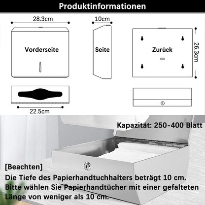 NiceMe paper towel dispenser, stainless steel towel dispenser lockable, wall-mounted tissue dispenser, suitable for Z-fold paper towels, accommodates 250-400 sheets.