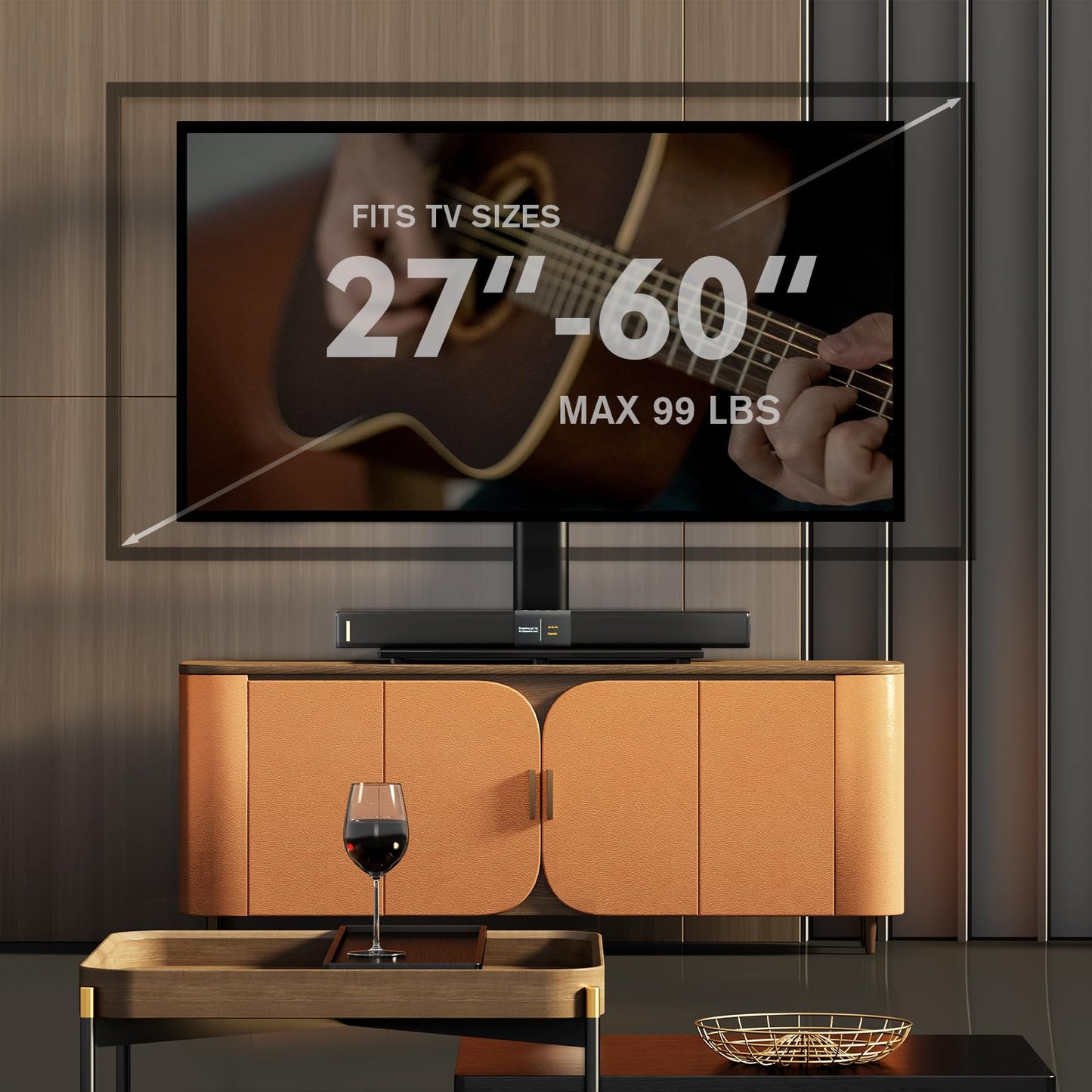 Universal swivel TV stand/tabletop TV stand for 27 to 60 inch TVs. It swivels 80 degrees, has 4 levels of height adjustment, a heavy-duty tempered glass base, and can hold up to 45kg screens. Model HT04B-001P.