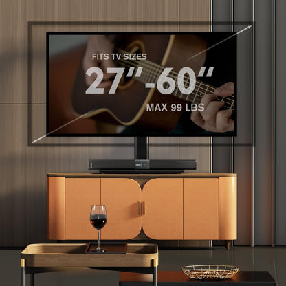 Universal swivel TV stand/tabletop TV stand for 27 to 60 inch TVs. It swivels 80 degrees, has 4 levels of height adjustment, a heavy-duty tempered glass base, and can hold up to 45kg screens. Model HT04B-001P.