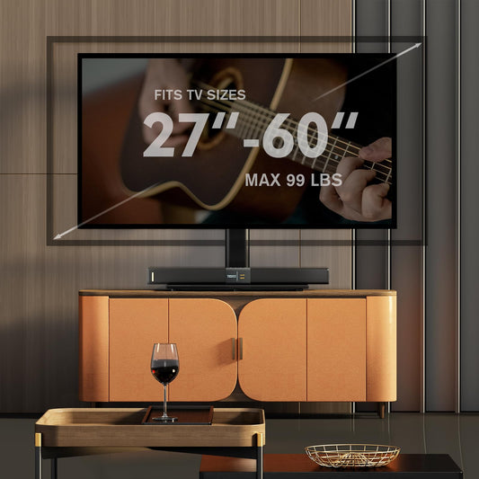 Universal swivel TV stand/tabletop TV stand for 27 to 60 inch TVs. It swivels 80 degrees, has 4 levels of height adjustment, a heavy-duty tempered glass base, and can hold up to 45kg screens. Model HT04B-001P.