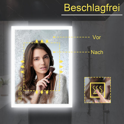 AI-LIGHTING Bathroom Mirror with Lighting 80x60 cm LED Lighted Bathroom Mirror with Socket, Fog-Free, 3 Light Colors Illuminated Mirror with Touch Switch Energy Efficient, Lunar Rectangle