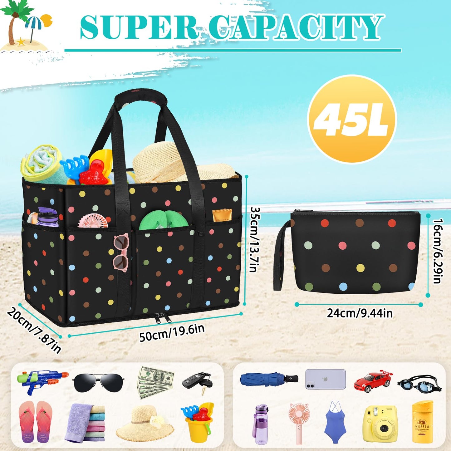 LUROON XXL beach bag with zipper for family, large foldable tote bag for women, ideal for beach, pool, picnic, and travel. Size: 50*35*20cm.