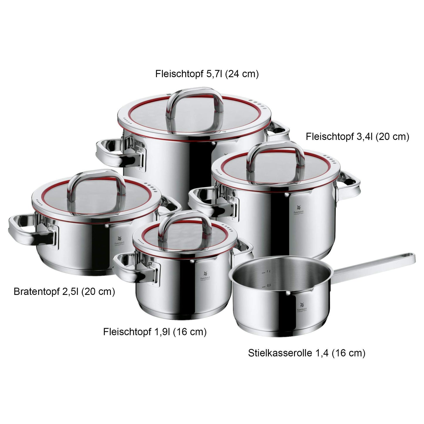 WMF Function 4 Cookware Set Induction 5-piece, glass lids with 4 pouring functions, Cromargan stainless steel polished, Induction Pots Set, interior scaling