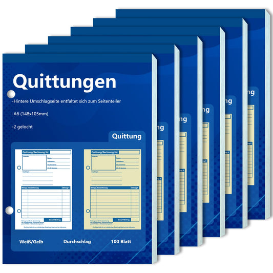 6 pieces of A6 receipt book, carbon copy invoice book for small business owners. 2 x 50 sheets, punched for small businesses, clubs, and freelancers.