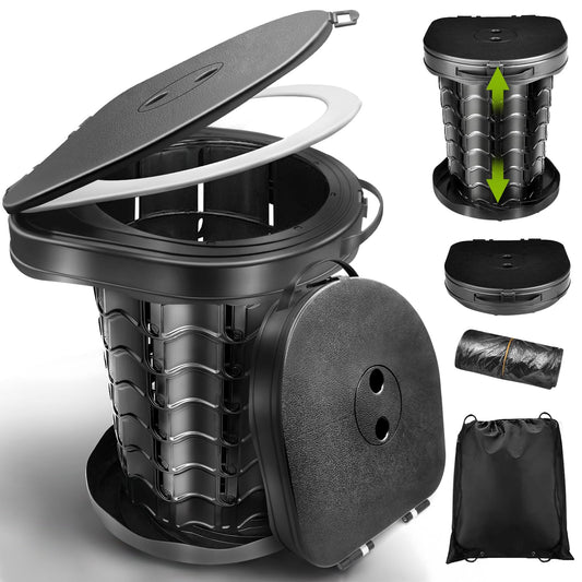 Folding camping toilet with toilet bag, portable toilet with lid, 34cm height, stable, max 400 lbs weight capacity, for outdoor camping, grilling, travel, fishing, beach, self-driving.