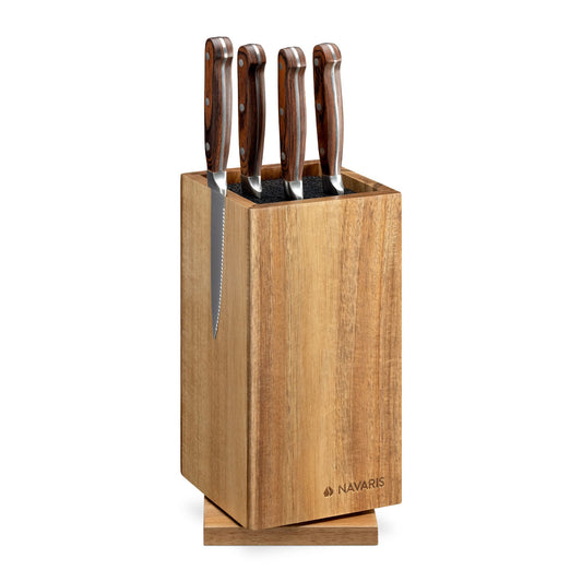 Navaris rotating magnetic knife block made of acacia wood with bristle insert - wooden knife block without knives for kitchen knives, chef's knives, and cooking utensils.