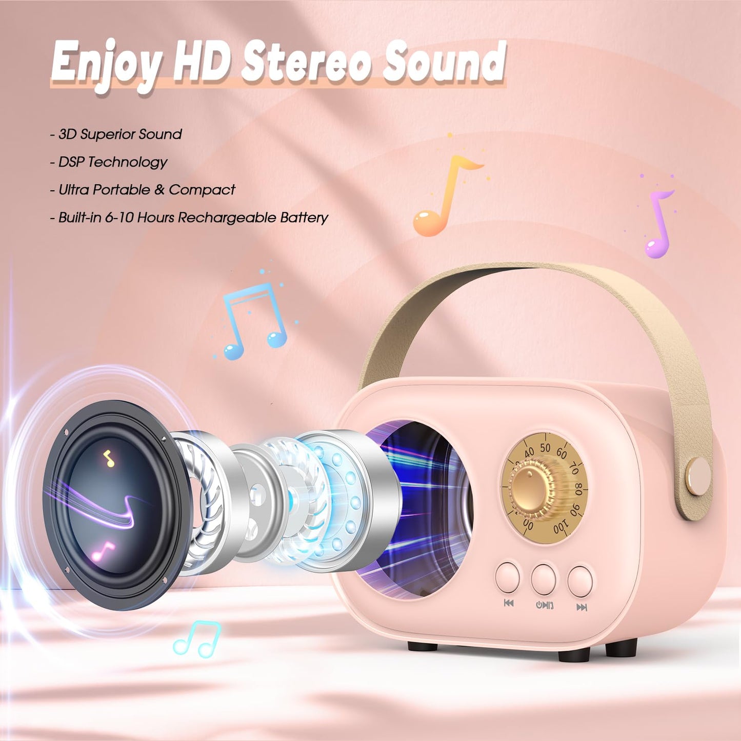 Dislocated Bluetooth Microphone Karaoke Children, Excellent Music Toy for Girls 4-12 Years Kids1 (Pink)