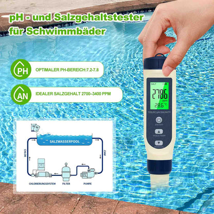 pH meter water, 5 in 1 pH/TDS/EC/Salinity/Thermometer tester with LCD display. Automatic temperature compensation, high precision for testing drinking water, pools.
