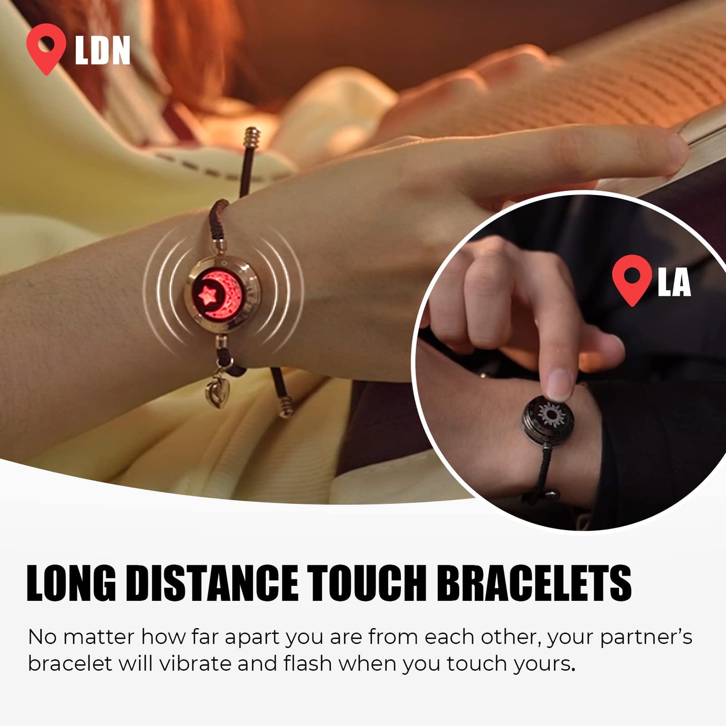 TOTWOO Couple Bracelet Couple Gifts Partner Bracelets with Touch Long Distance Relationship Gift Love Vibration & Glowing Bluetooth Pairing Jewelry, Black+Golden