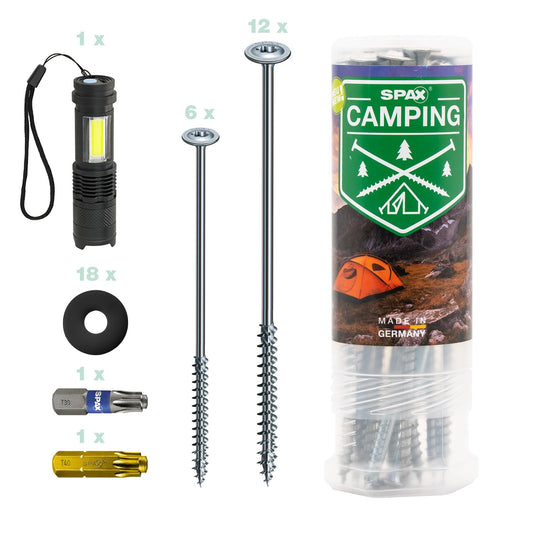SPAX Camping set - 18 tent screws, 2 bits, 18 washers & flashlight, screw pegs for securing tent, awning, sail, canopy - 8000000294600