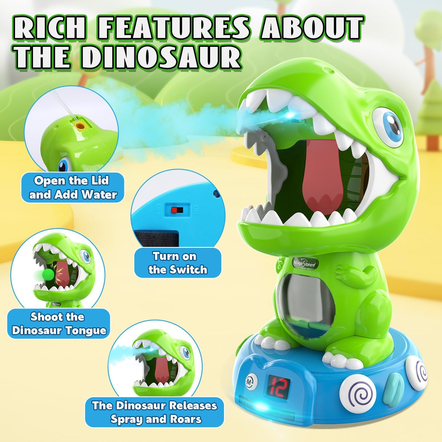 EagleStone Remote Control Dinosaur Shooting Toy for Kids, Electronic Moving Dino Shooting Game with Spay & Auto Scoring, Lights & Sounds, Party Favors, Toy for 6,7 8 Years