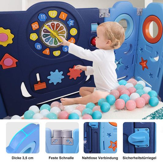 YOLEO Playpen for baby, Foldable Playard 120×120cm, Plastic Playpen in adaptable shape, playpen with door and toy board, Blue