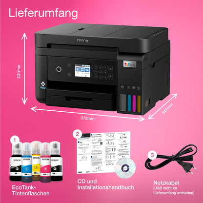 Epson EcoTank ET-3850 A4 multifunction Wi-Fi ink tank printer, with included ink supply lasting up to 3 years.