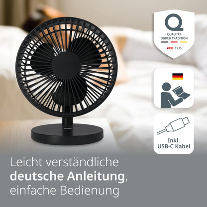 ADE Fan very quiet | USB desk fan 3 speeds | battery up to 7.5h runtime | 2,000 mAh | 90° tilt angle | light and flexible | anthracite.