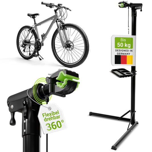 Juskys Bike Repair Stand, up to 50 kg for E-bikes, foldable & height adjustable, clamp head rotates 360°, rubber coating & tool tray, heavy-duty stand for 24 to 29 inch bikes.