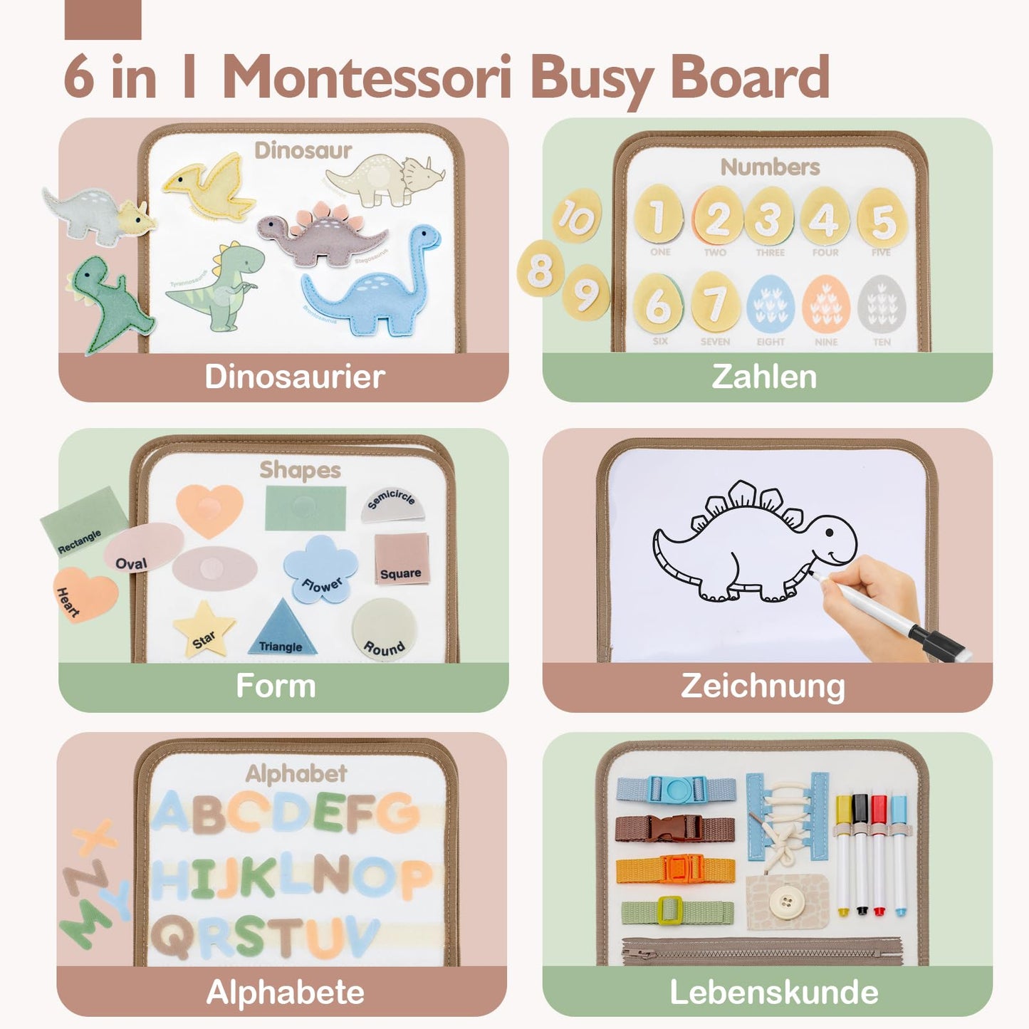 Hahaland Busy Board - Dinosaur Theme with drawings, Montessori toy activity board, motor skills & sensory learning toy Quiet Book, busy book for travel car rides plane, boys girls gift
