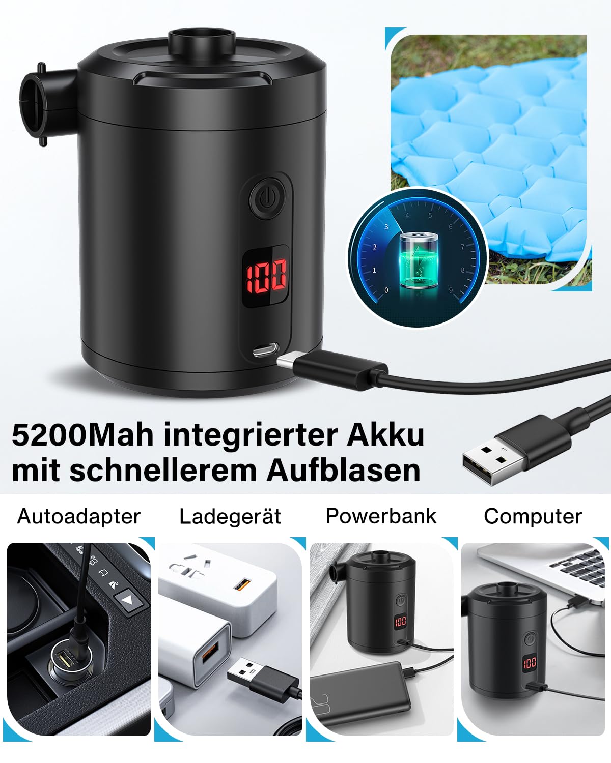 Electric air pump air mattress, Lytool battery air pump 5200mAh rechargeable with 3 air nozzles for mattress air mattress, camping, inflatable boat, kiddie pool, and swim ring