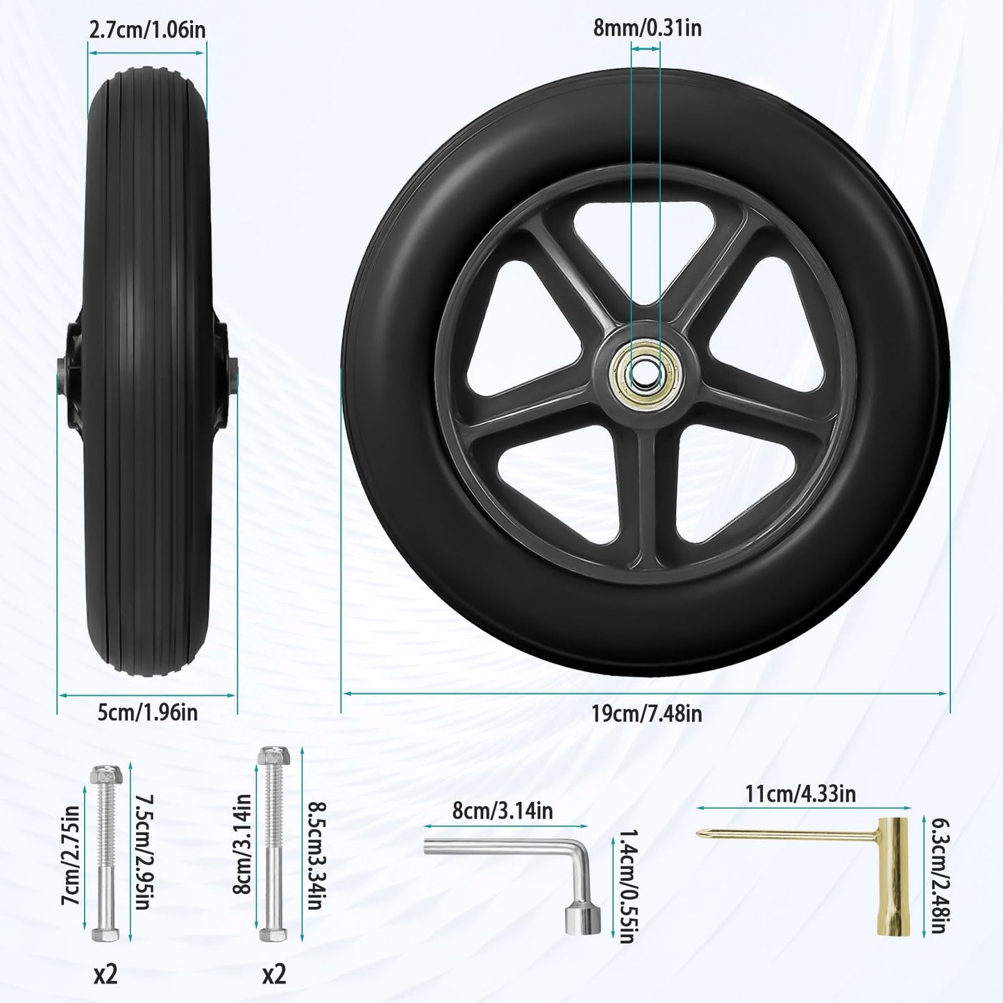 200mm Solid Replacement Wheels-2 pieces Replacement Wheel Walker Front Wheels, Non-Slip & Shock Absorption, Replacement Wheel for Wheelchairs-8mm Bearing Inner Diameter For Wheelchairs, Walkers, Crutches, Wheel Replacement