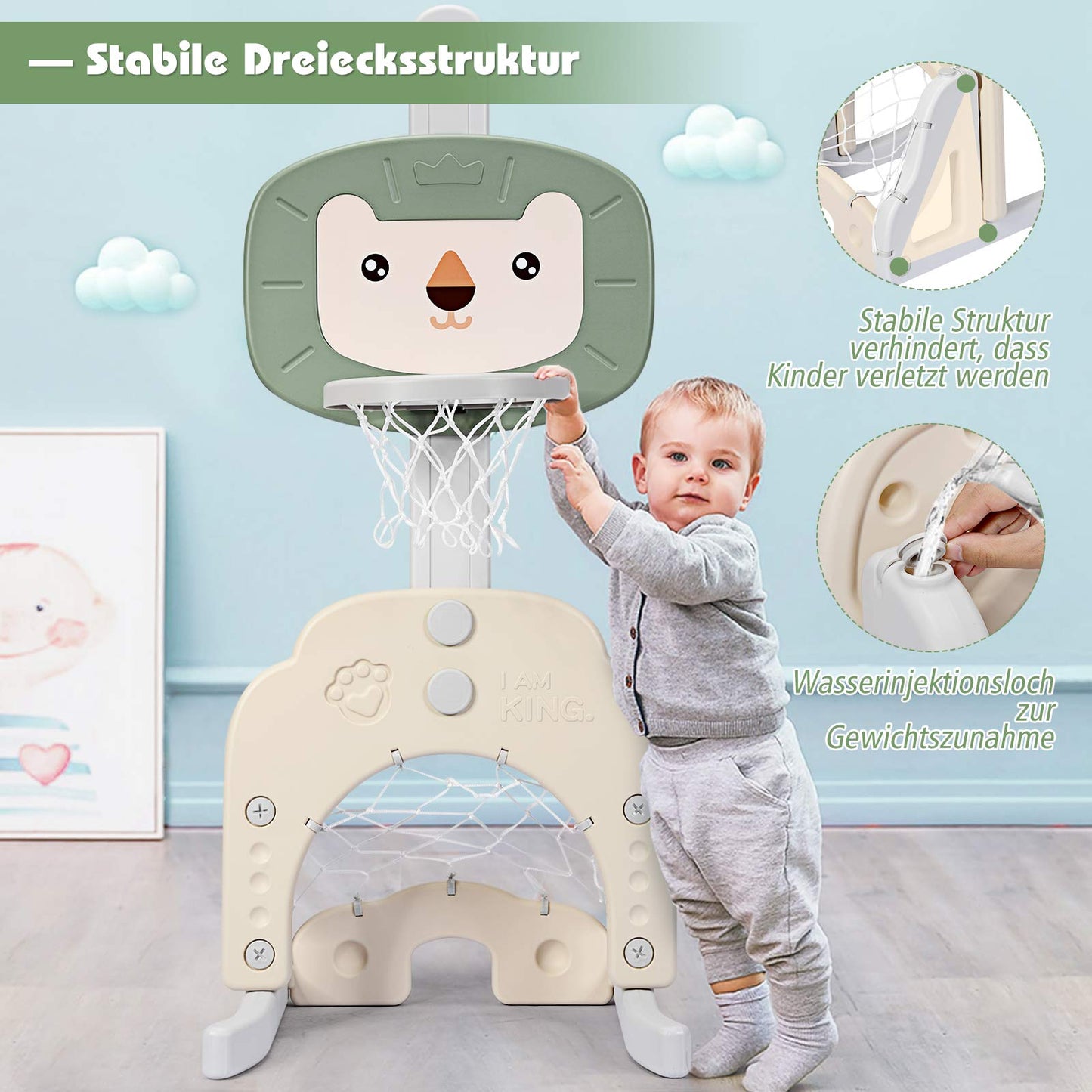 COSTWAY 3 in 1 Children's Playground, adjustable height basketball hoop & soccer goal & golf, basketball stand with balls and golf club, hoop system for indoor and outdoor areas (Green)