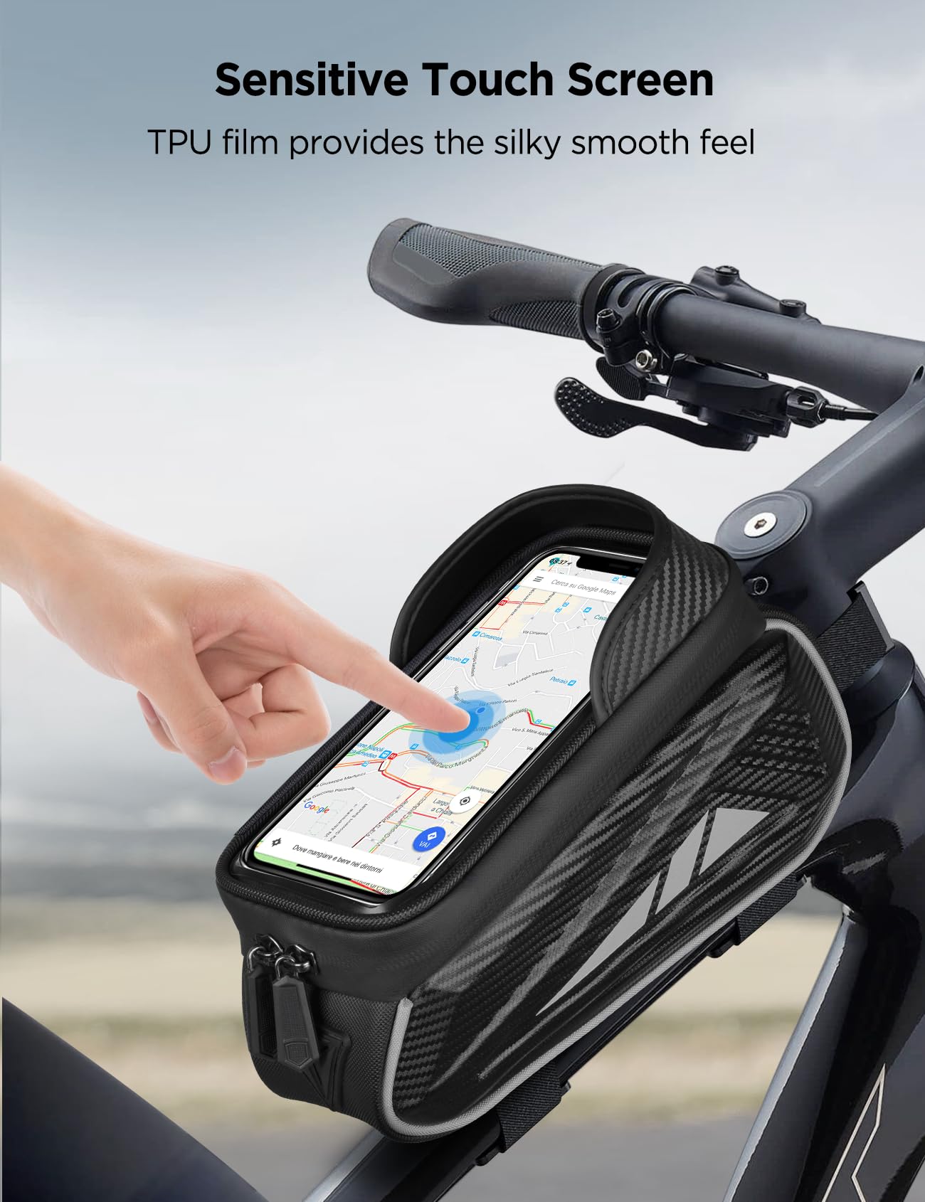 Vitalismo Bicycle Frame Bag Waterproof Handlebar Bag for smartphones up to 7 inches Phone mount Phone holder Top tube bag with TPU sensitive touchscreen for mountain bikes, road bikes (Silver)