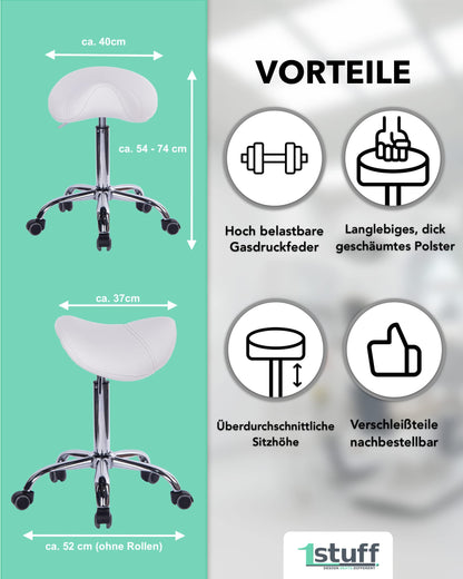 1stuff® Saddle Stool MULY - seat height up to approx. 74cm - ergonomic rolling stool office stool doctor stool work stool practice stool swivel stool (leatherette royal blue)