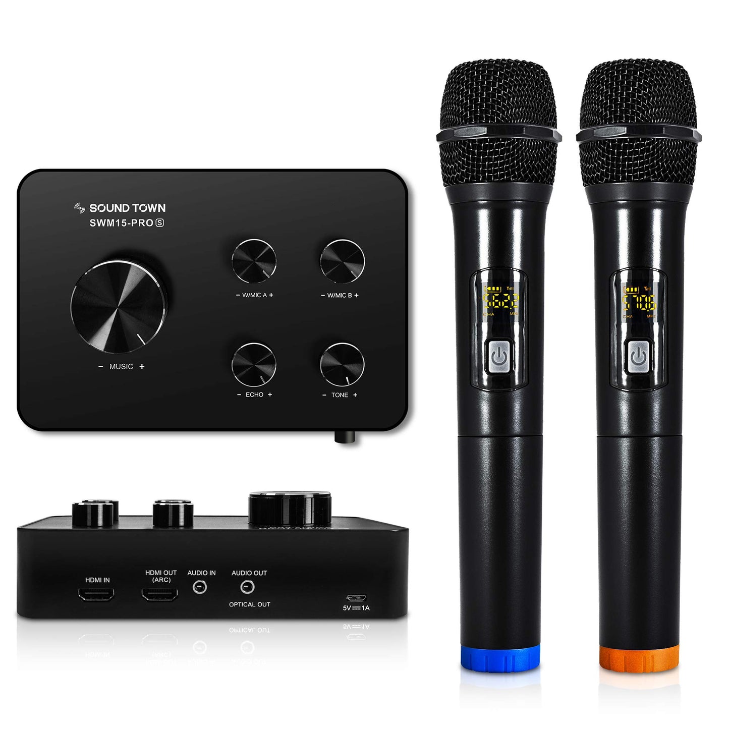 Sound Town Wireless Microphone Karaoke Mixer System, with support for HDMI ARC, Optical (Toslink), Smart TV, Media Box, PC, Bluetooth, Soundbar, Receiver, and AUX (SWM15-PROS)