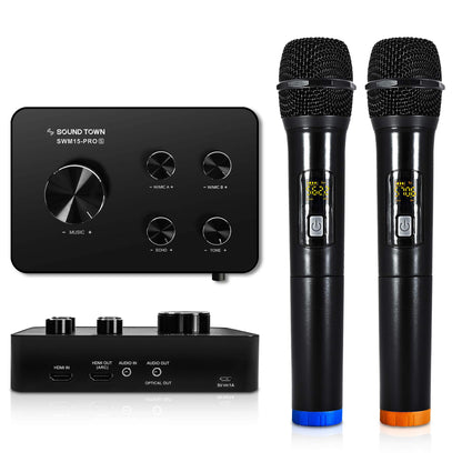 Sound Town Wireless Microphone Karaoke Mixer System, with support for HDMI ARC, Optical (Toslink), Smart TV, Media Box, PC, Bluetooth, Soundbar, Receiver, and AUX (SWM15-PROS)