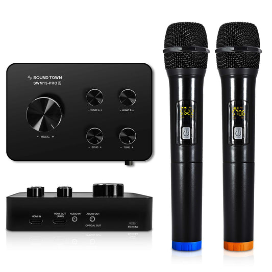 Sound Town Wireless Microphone Karaoke Mixer System, with support for HDMI ARC, Optical (Toslink), Smart TV, Media Box, PC, Bluetooth, Soundbar, Receiver, and AUX (SWM15-PROS)