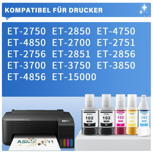 Osinkjet Ink 102 Multipack Compatible for Epson Ecotank ET-2850 ET-4750 ET-4850 ET-2750 ET-3750 ET-3850 ET-4856 ET-15000 ET-2700 ET-3700, Printer Cartridges 102 (2 Black, C, M, Yellow)
