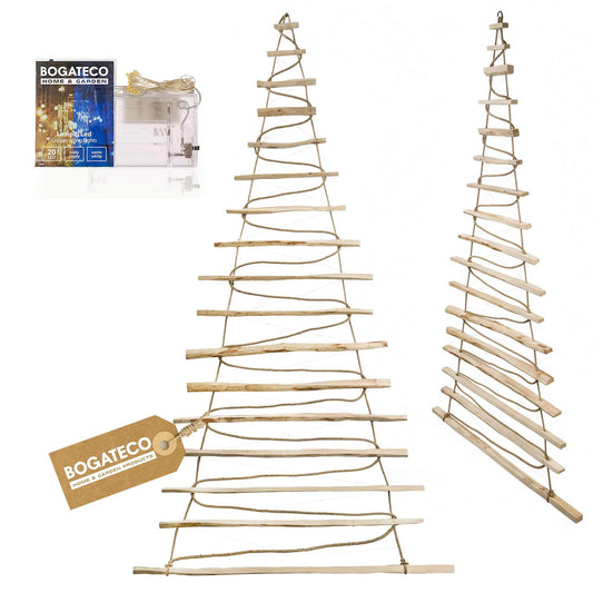 Handmade Christmas tree 205 cm high, made of hazelnut wood | Decorative ornaments | with 10m LED lights | Wooden plates connected by a 6mm thick jute rope.